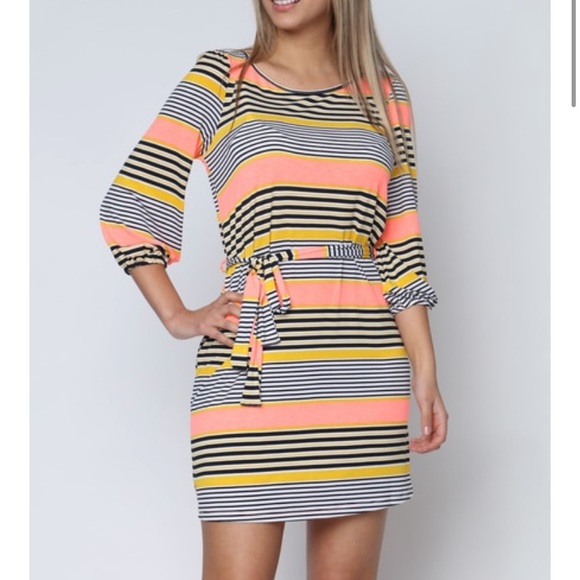 ❤️NEW S Black, Coral, Yellow Tie Waist Dress - Picture 6 of 9